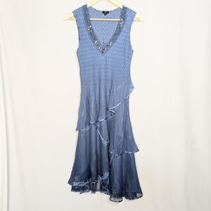 Komarov Chiffon Tiered Dress Beaded V Neck Asymmetrical Midi